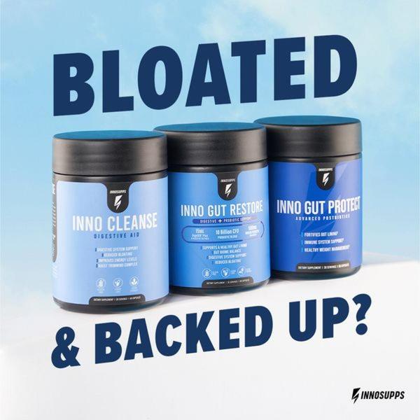 A direct-response 1:1 square ad featuring three digestive health supplement bottles with high-contrast text to address specific customer pain points.